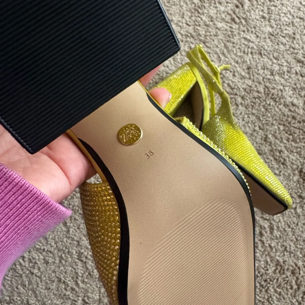 Zara Yellow Rhinestone Block Heel Slingback Pumps - Picture 7 of 7